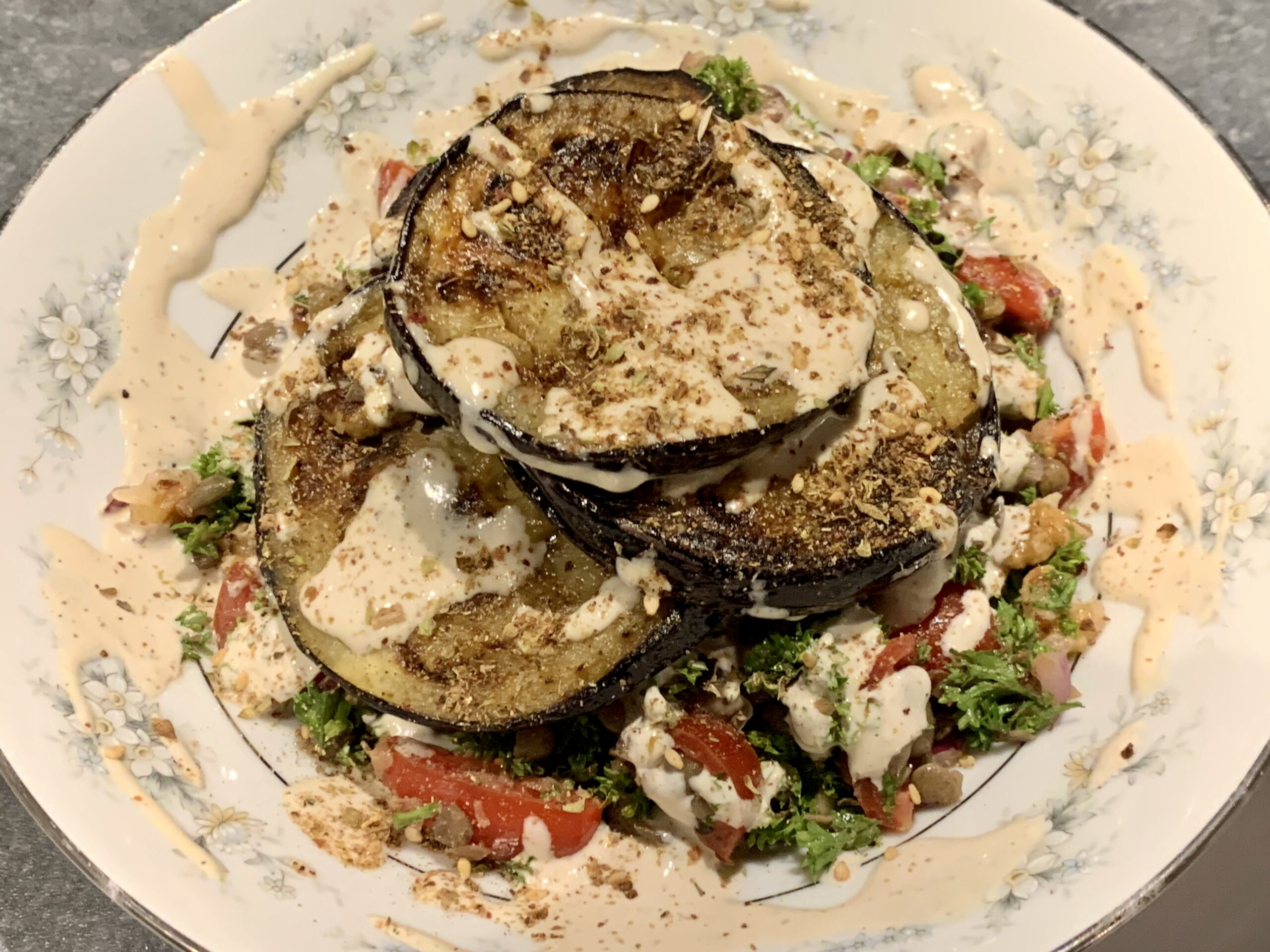 Aubergines with lentil tabbouleh