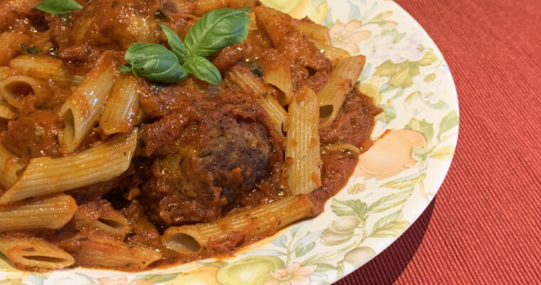 Oven roasted veggies pasta with meatballs