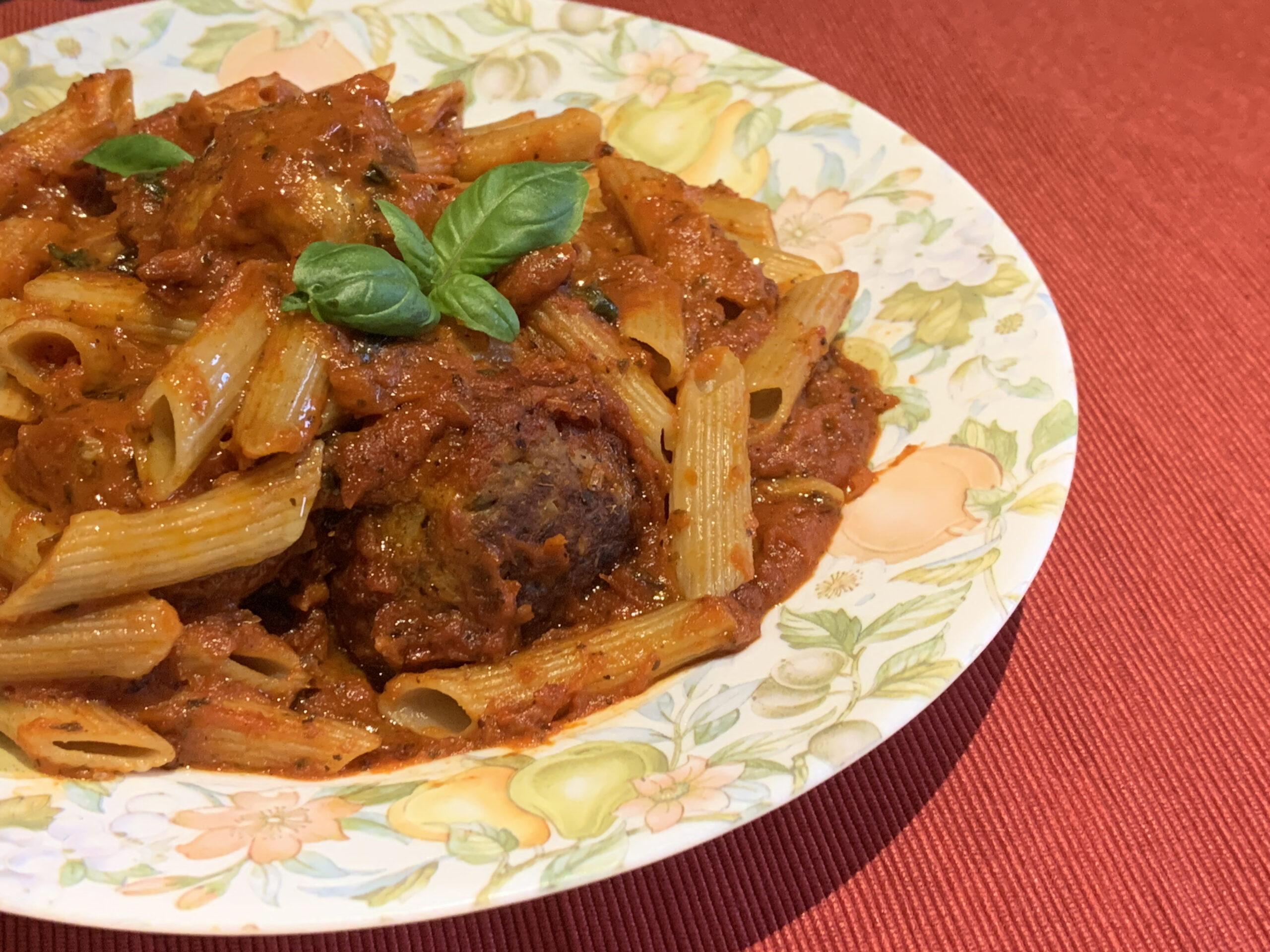 Oven roasted veggies pasta with meatballs